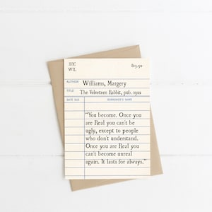 Velveteen Rabbit Quote, Margery Williams Notecard, Literary Children's Quote Library Card, Friendship Greeting Card, Book Lover Gift Idea