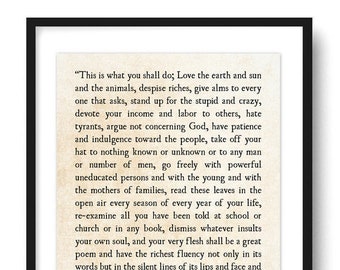 Walt Whitman Art Print, Leaves of Grass, This Is What You Shall Do, Book Page Art, Graduation Gift, Literary Wall Art Print, Unframed