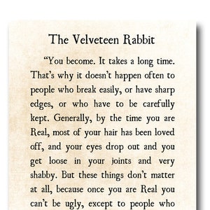 Velveteen Rabbit Quote Margery Williams, Literary Print, Love Inspirational Quote, Baby Decor, Nursery Decor, Large Wall Art, Unframed
