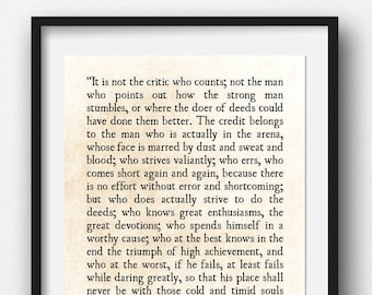 Man in the Arena, Theodore Roosevelt Quote, Graduation Gift, Literary Art Print, Grad Gift, Book Page Art Print, Inspirational QuoteUnframed