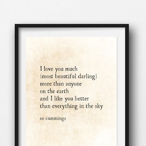 EE Cummings Love Quote, I Love You Much, Literary Quote, Love Quote, Book Art Print, Inspirational Quote, Large Wall Art, Unframed