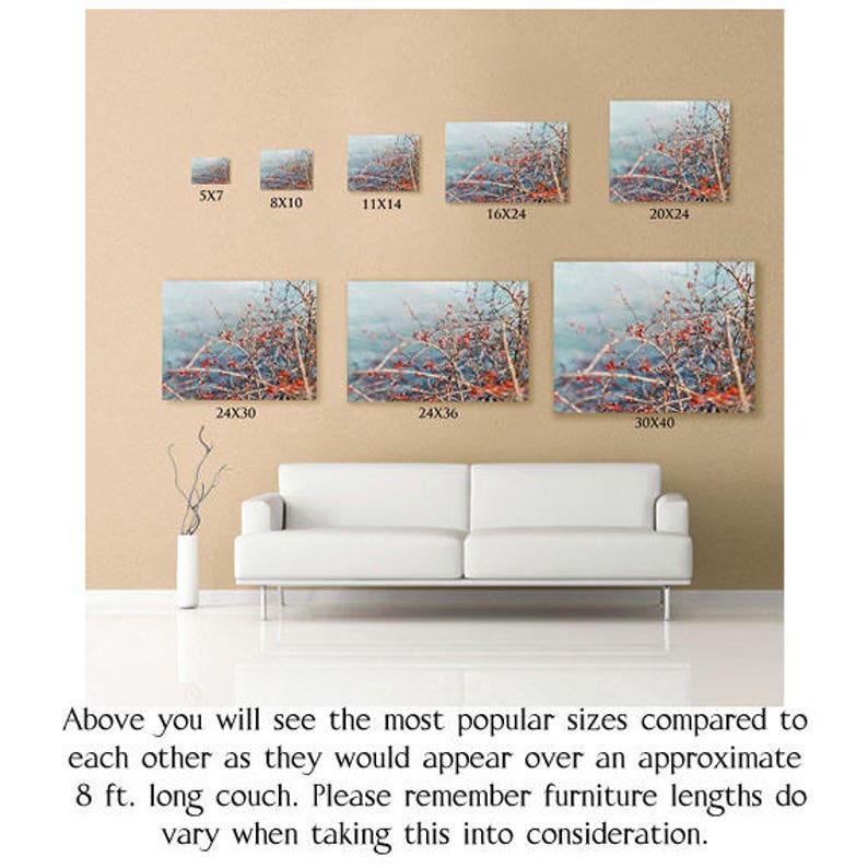 May include: A comparison of different sizes of a photograph of a wintery scene with red berries. The sizes are shown in inches, with the largest size being 30x40 inches. The image is displayed on a white couch in front of a beige wall.