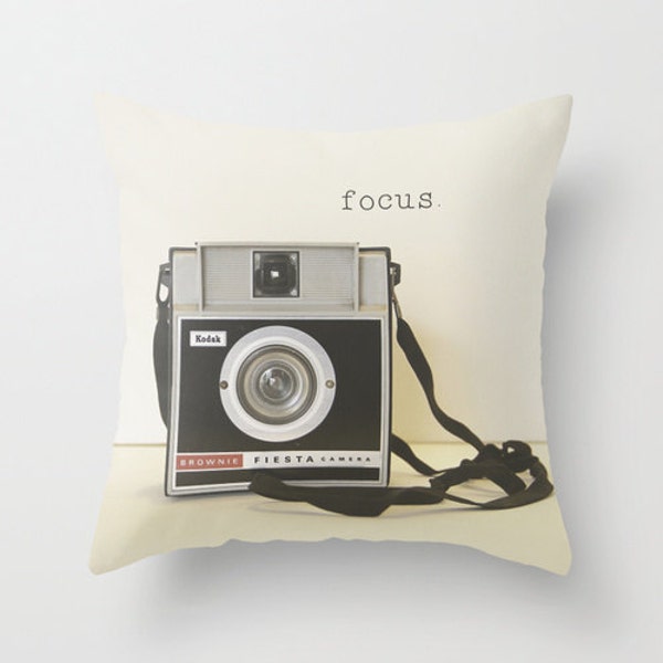 Velveteen Pillow  Cover, Vintage Camera Focus For the Photographer Black White Brownie Camera Geekery, Retro Style Living Room Decor