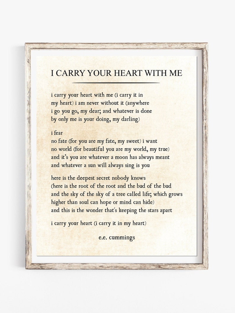 I carry your heart Wall Art Print ee cummings Poem Print | Etsy