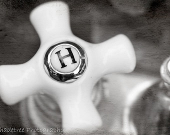 May include: A white ceramic faucet handle with a chrome knob featuring the letter "H" in black.