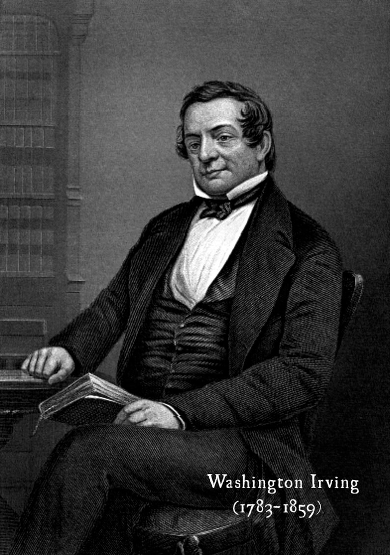 May include: Black and white portrait of Washington Irving, an American author and historian. He is seated in a chair, wearing a suit and holding a book. The text below the image reads "Washington Irving (1783-1859)".