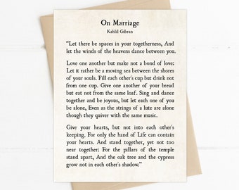 Kahlil Gibran, On Marriage Poem, Love Quote, Anniversary Wedding Card, Inspirational Love Poem, Love One Another, Wedding Greeting Card