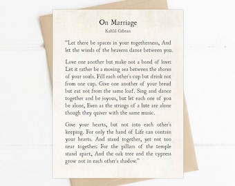 Kahlil Gibran, On Marriage Poem, Love Quote, Anniversary Wedding Card, Inspirational Love Poem, Love One Another, Wedding Greeting Card