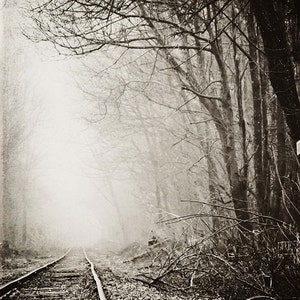Railroad Tracks Fog Landscape Photography Black and White Sepia Rustic Country Decor Surreal Mysterious, Fine Art Print