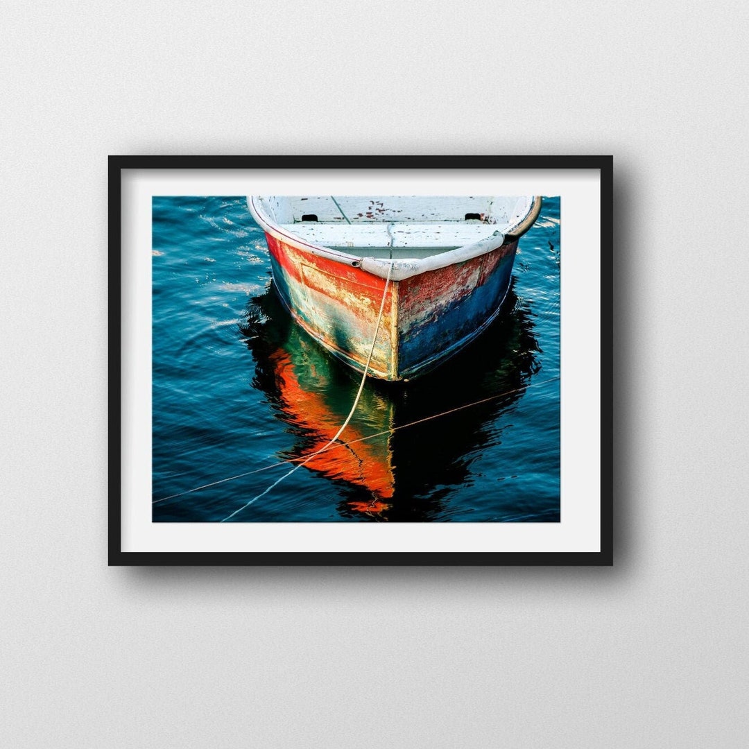 Red White Blue Row Boat Dory Photo, Nautical Decor, Boat Photography