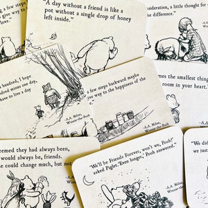 May include: A set of 10 Winnie-the-Pooh themed coasters with black and white illustrations and quotes from the book. The quotes include: "A day without a friend is like a pot without a single drop of honey left inside." and "It seemed they had always been, and would always be, friends. Time could change much, but not..."