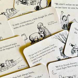 May include: A collection of Winnie-the-Pooh quote cards with illustrations. The cards are printed on a cream-colored background with black ink. The quotes include: "A little consideration, a little thought for others, makes all the difference." and "We didn't realize we were making memories, we just knew we were having fun."