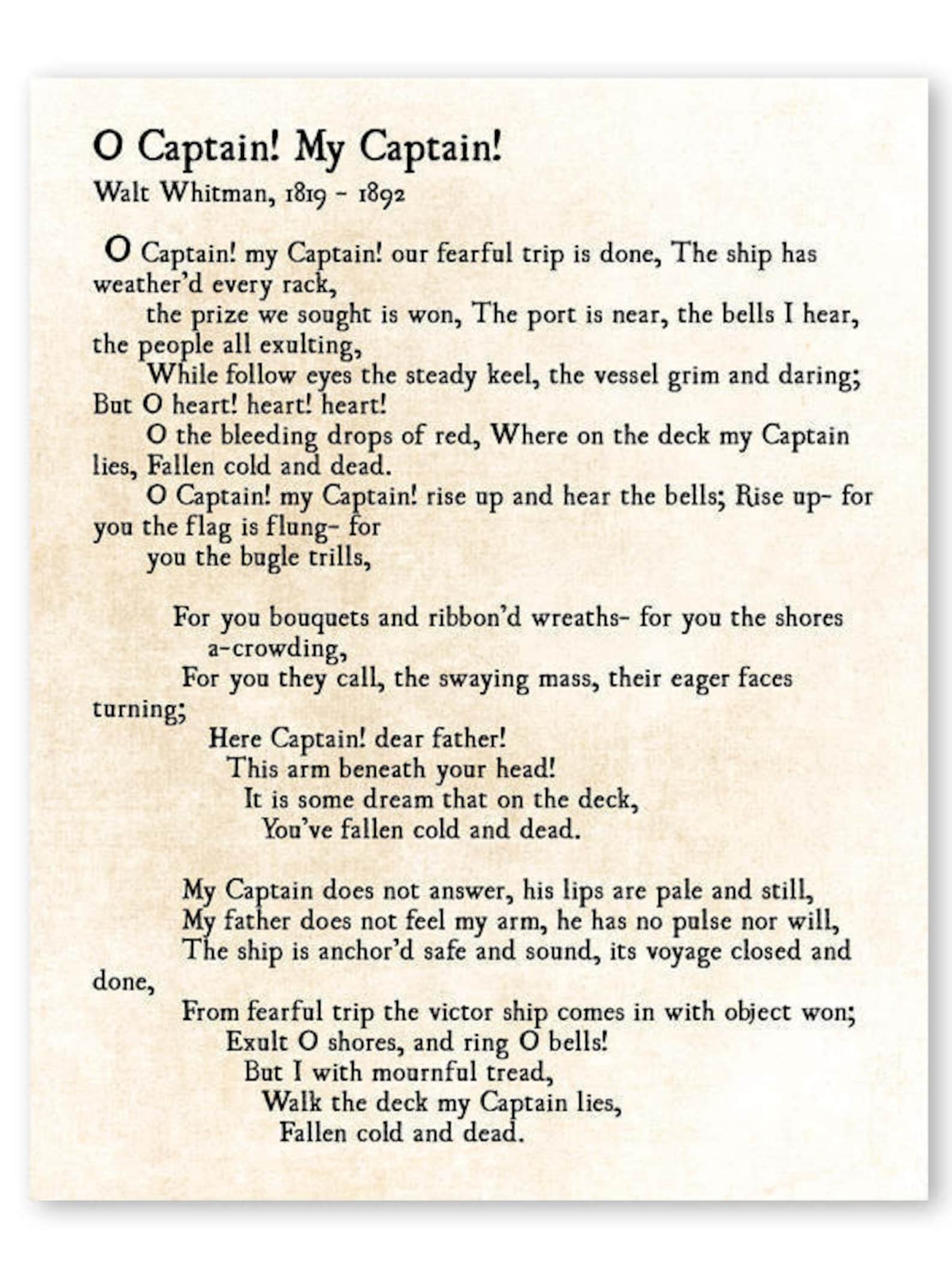 O Captain My Captain Walt Whitman Poetry Art Print Etsy