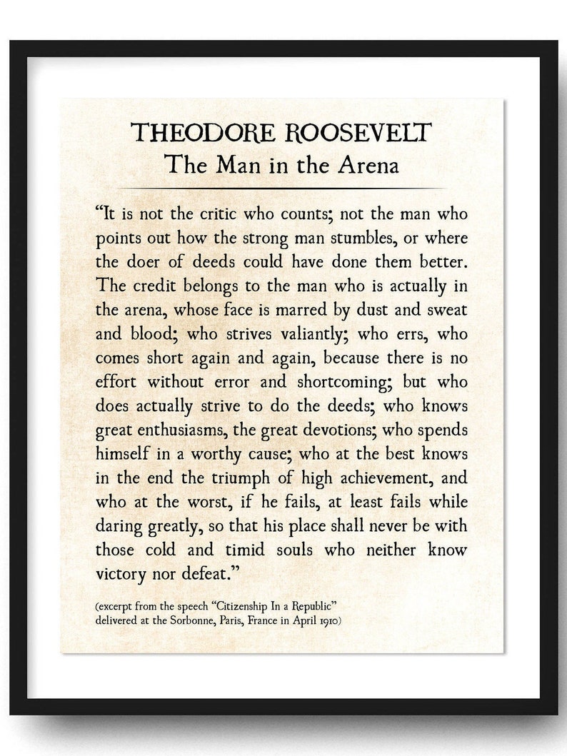 Man in the Arena, Theodore Roosevelt Quote Print, Graduation Gift, Book Page Print, Grad Gift, Inspirational Quote, Office Wall Art Unframed image 1