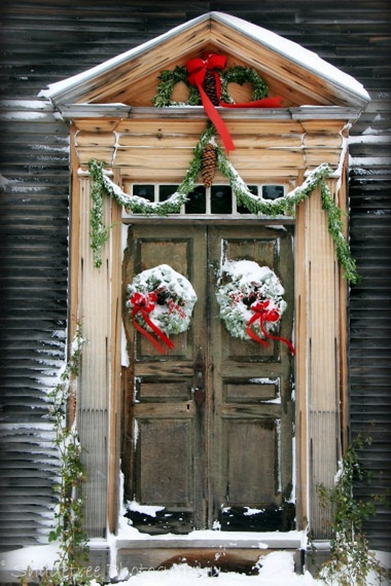 Rustic Door Doorway Colonial Christmas Snow Snowy Wreath Red Bow Holidays New England Natural Wood Vintage Feel, 8 x 12 Fine Art Print image 1