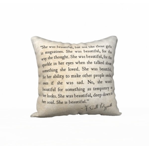 Velveteen Pillow Cover, F Scott Fitzgerald She is Beautiful Quote, Inspirational Gift Idea, Dorm Decor Pillow, Living Room Decor