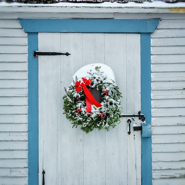 Christmas Holiday Blue Door NH Blue Barn Door Wood Door Christmas Wreath Red Ribbon Red Green New England Christmas Doorway, Fine Art Print