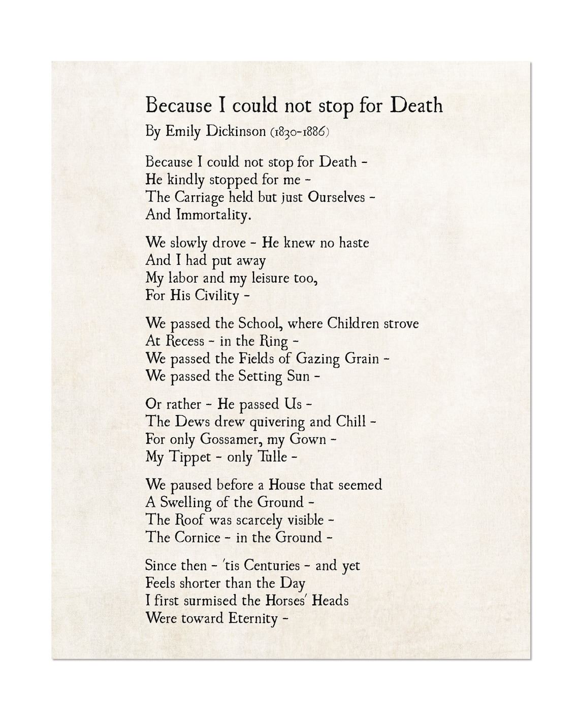 Emily Dickinson Because I Could Not Stop for Death Poem Quote Etsy