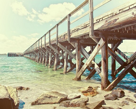 Strand nautische Dekor Pier Türkis Retro-Stil Ozean Landschaft New England Fotografie Sommer Fort Foster Pier Kittery Maine, Fine Art Print