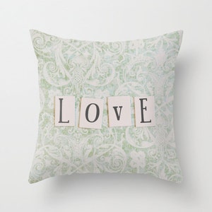 Pillow Cover, Love Pastel Green Mint Words Typography Soft and Dreamy Vintage Style Retro Nursery Decor Bedroom Decor