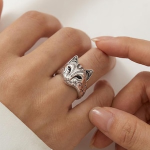 Zilveren kat ring gezicht boho verstelbaar roestvrij staal Witchy vrouwen cadeau