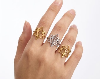 Anillo Merkabah de Geometría Sagrada, Estrella de David de Oro, Joyería Espiritual, Regalo de Yoga para Ella, Anillo Minimalista de Hexagrama Celestial, Anillo de Estrella 3D de Plata