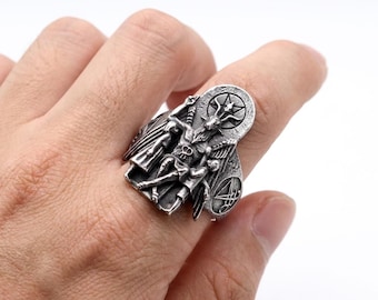 Anillo gótico de Baphomet, joyería llamativa, estética oscura, banda única para hombre, simbolismo pagano, estilo heavy metal, anillo motero, regalo de moda alternativa