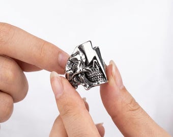 Anillo de calavera para hombre, rayo, joyería motera, anillo gótico de plata, accesorios punk rock, estilo heavy metal, declaración de moda vanguardista, idea de regalo para hombre