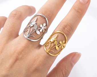 Anillo de jardín de flores, joyería de conejo, anillo floral de primavera, oro y plata, anillo delicado y llamativo, regalo para amantes de la naturaleza, esposa, madre e hija.