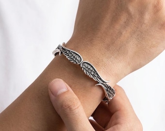 Pulsera de alas de ángel, brazalete de plata, acero inoxidable oxidado, celestial, regalo para mujer