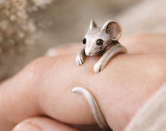 Anillo de ratón de bosque de plata esterlina ajustable, joyería envolvente con forma de animal, lindo dije de roedor, idea de regalo para amantes de las mascotas, delicado animal peculiar hecho a mano