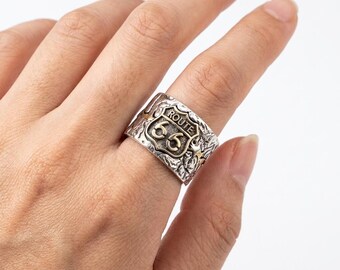 Anillo Ruta 66 para hombre, joyería motera de plata de ley, regalo para motociclistas, anillo vintage para viajes por carretera, banda ajustable, joyería gótica punk para él.