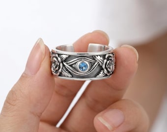 Anillo de protección contra el mal de ojo estilo boho, banda de plata rosa, brazalete ajustable, joyería, talismán espiritual, anillo con piedra preciosa grabada floral, regalo para ella.