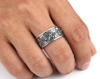 Anillo egipcio de Anubis, banda de plata, joyería gótica, anillo con jeroglíficos antiguos, joyería mitológica única para hombre, anillo con escarabajo Ankh, regalo para hombre