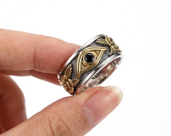 Anillo rosa gótico de plata de ley 925, joyería vintage con banda floral, anillo de ojo de oro bicolor, regalo con estética bruja, accesorio de la academia oscura