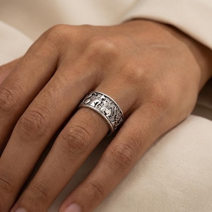 Boho Silverring med graverad tribal design, spirituellt smycke, unikt etniskt motiv, hantverksmässigt tillverkat, gåva till honom, hennes uttalande