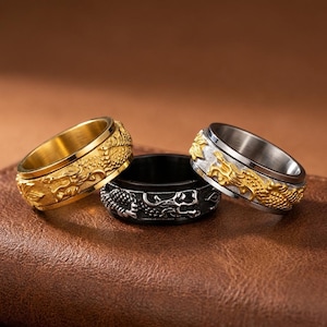 Dragon Spinner Ring Fidget Anxiety Relief Stress Reducer Band Mens Womens Stainless Steel Jewelry Unique Gift Idea for Him Her