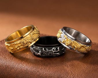Anillo giratorio con forma de dragón para aliviar la ansiedad y reducir el estrés. Joyería de acero inoxidable para hombre y mujer. Idea de regalo única para él y ella.