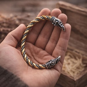 Könnte beinhalten: Ein silber- und goldfarbenes Armband mit geflochtenem Design. Das Armband hat Vogelkopf-Akzente an jedem Ende. Der Schmuck wird in einer Hand gehalten, mit einer Holzkiste im Hintergrund.