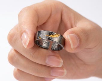 Anillo de magma volcánico para hombre, plata de ley, banda de lava ajustable, joyería rústica texturizada, regalo de aniversario único para él, estilo gótico crudo.