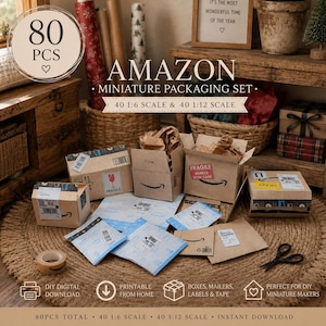 May include: A set of 80 miniature packaging items including cardboard boxes, mailers, and labels in 1:6 and 1:12 scales. The set features brown shipping boxes with Amazon branding, fragile stickers, and blue shipping envelopes with labels.