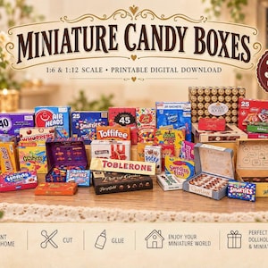 May include: A collection of 36 miniature candy boxes in 1:6 and 1:12 scale, featuring various colorful brand-name packaging designs. The printable digital download includes boxes for brands like Air Heads, Toffifee, Toblerone, and Ferrero Rocher.