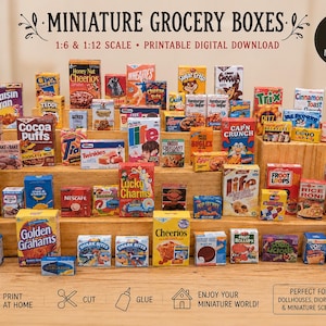 Cajas de comestibles en miniatura para casas de muñecas: más de 50 etiquetas de alimentos imprimibles (descarga digital), escala 1/6 y 1/12.