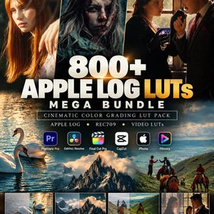 Könnte beinhalten: Eine digitale Produktwerbung für 800+ Apple Log LUTs Mega Bundle mit Symbolen für Videobearbeitungssoftware, Vorher-Nachher-Vergleichen von Schwänen, Bergen und Personen sowie Textbeschriftungen für filmische Looks und professionelle Farbkorrektur.