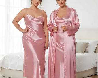 Plus Size Satin Nachthemd & Robe Set, langes Slip Kleid mit passender Kimono Robe