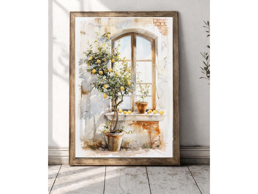 Vintage Mediterranean Lemon Tree Print, Italian Window Watercolor Art ...