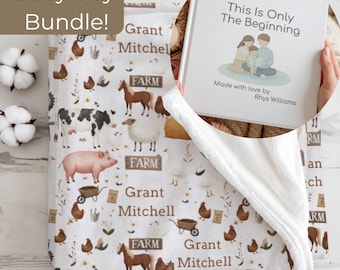 Baby Decke für Jungen und individuelles Babybuch Geschenkset Bundle, Neugeborene Junge Babyparty, personalisierte Namensdecke und Babybuch Neugeborene Geschenkset