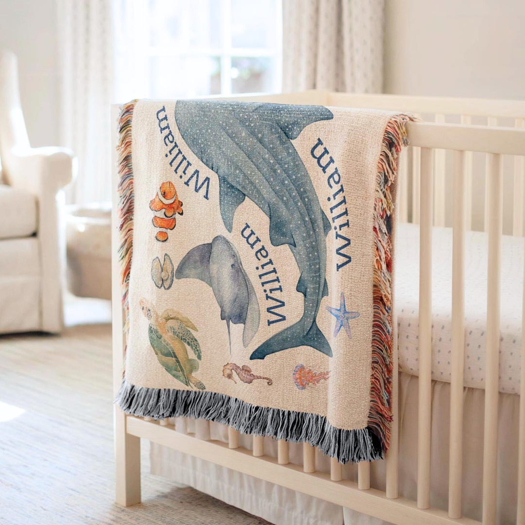 Personalized Ocean Baby Blanket Custom Name Whale Nursery Decor Woven ...