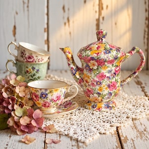 May include: A porcelain teapot and matching teacup on a saucer, both decorated with a vibrant multicolored floral pattern. Two additional teacups with floral designs are stacked nearby, accompanied by a cluster of dried pink hydrangea flowers.