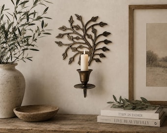 Vintage Brass Botanical Wall Candle Sconce~Rustic European Farmhouse~Leaf Branch Candle Holder~Cottage Decor~Brass Wall Hanging